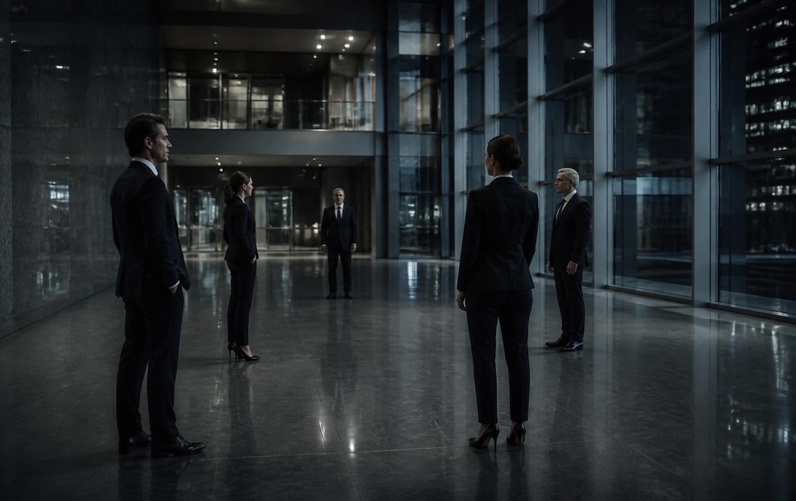 Executives in conversation at a lakeside patio at dusk
